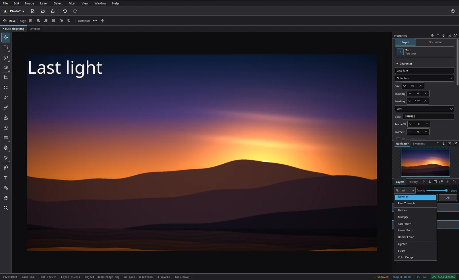 The layer blend-mode list open in the Layers panel, showing Normal and Pass Through, then Darken, Multiply, Color Burn, Linear Burn and Darker Color, then Lighten, Screen and Color Dodge.