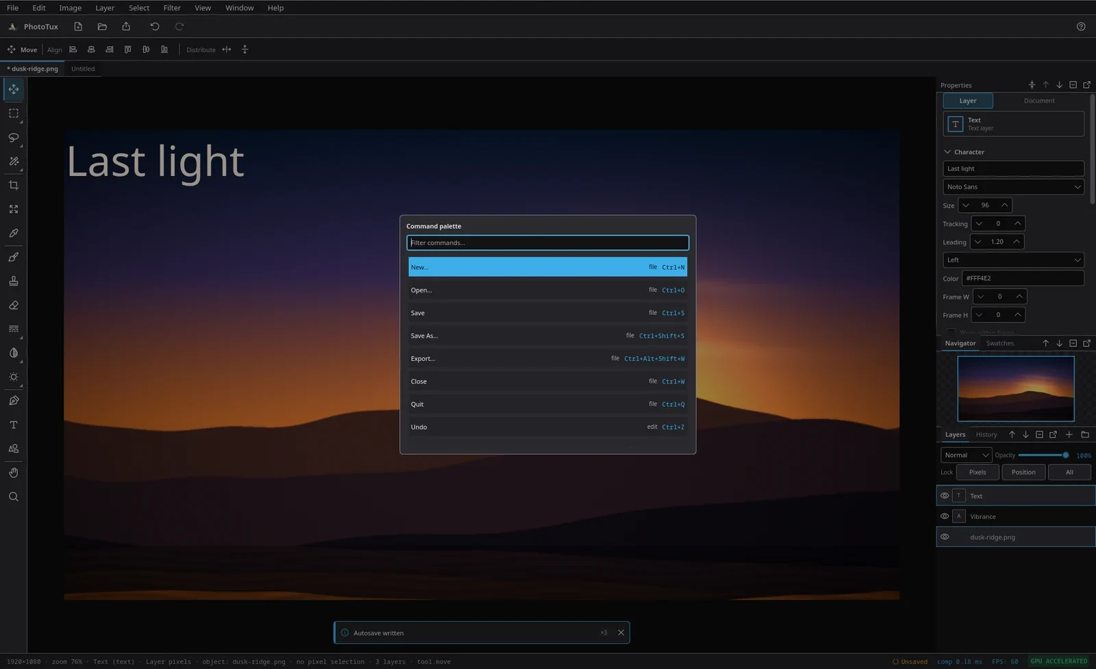 The command palette open over a dimmed canvas, listing New, Open, Save, Save As, Export, Close, Quit and Undo with their menus and keyboard shortcuts.