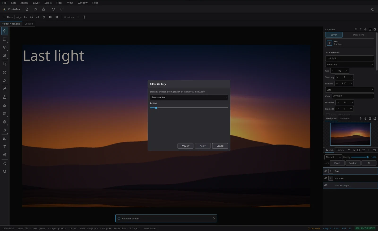 The Filter Gallery dialog over a dimmed canvas, with Gaussian Blur selected, a Radius slider, and Preview, Apply and Cancel buttons.