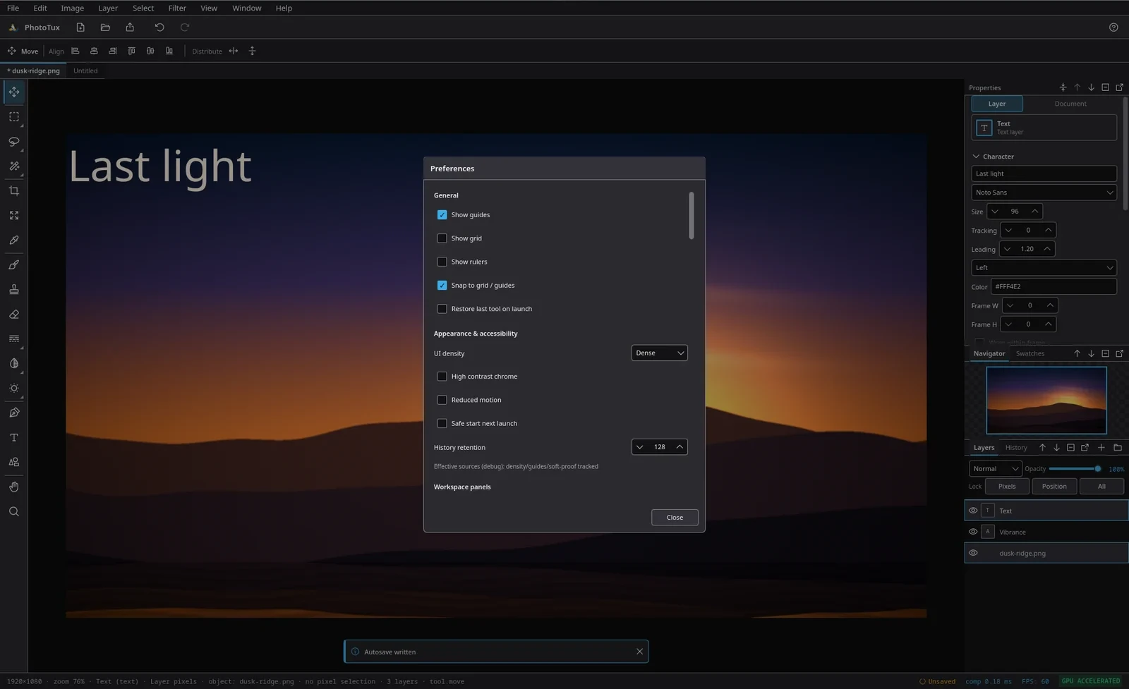 The Preferences dialog with General options for guides, grid, rulers and snapping, and Appearance and accessibility options for UI density, high contrast, reduced motion and history retention.