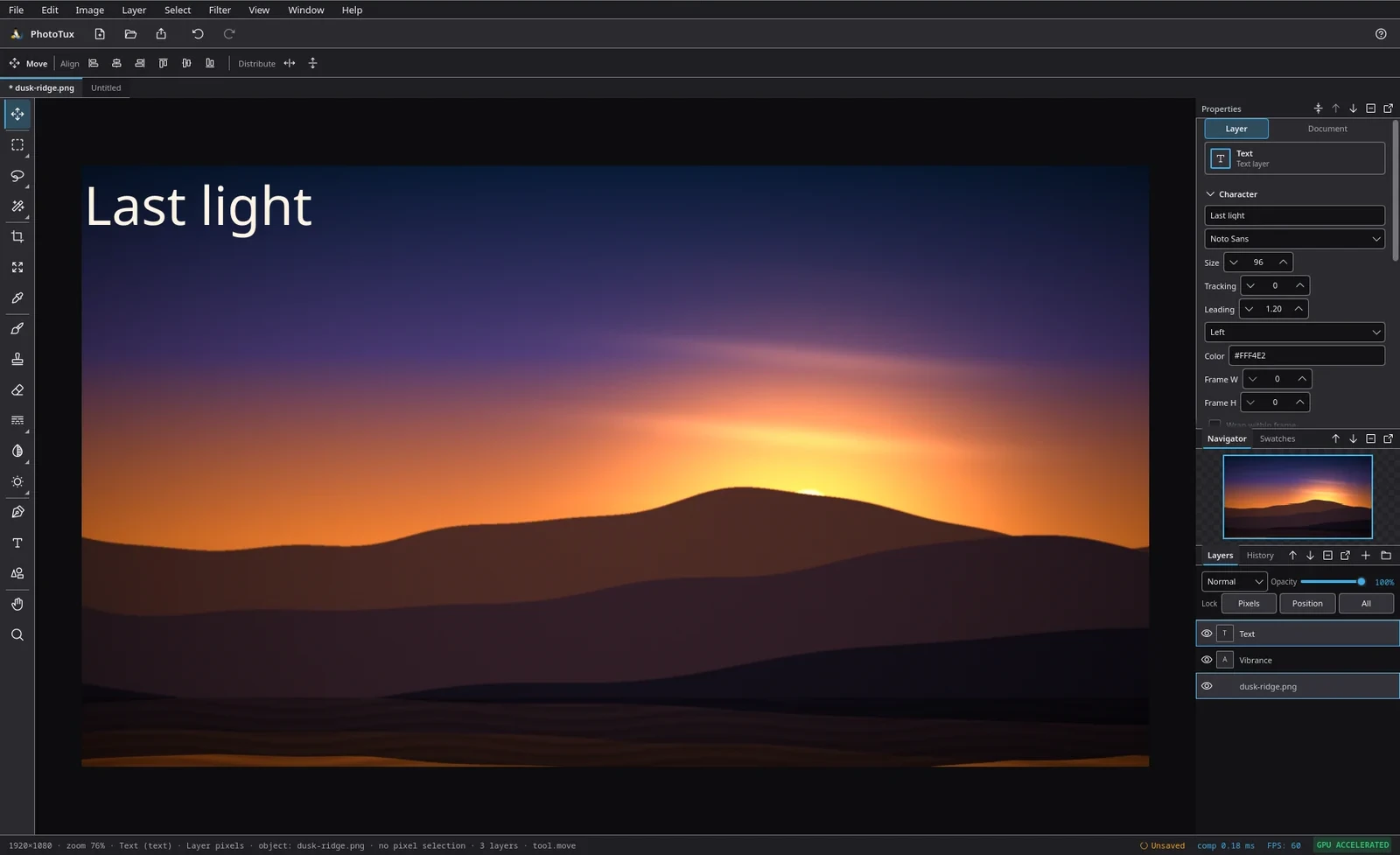 The PhotoTux workspace. A vertical tool shelf runs down the left, an options bar sits under the menu bar, a dusk landscape fills the canvas with the words Last light set over it, and the Properties, Navigator and Layers docks are stacked on the right showing a text layer above a Vibrance adjustment layer above the photograph.